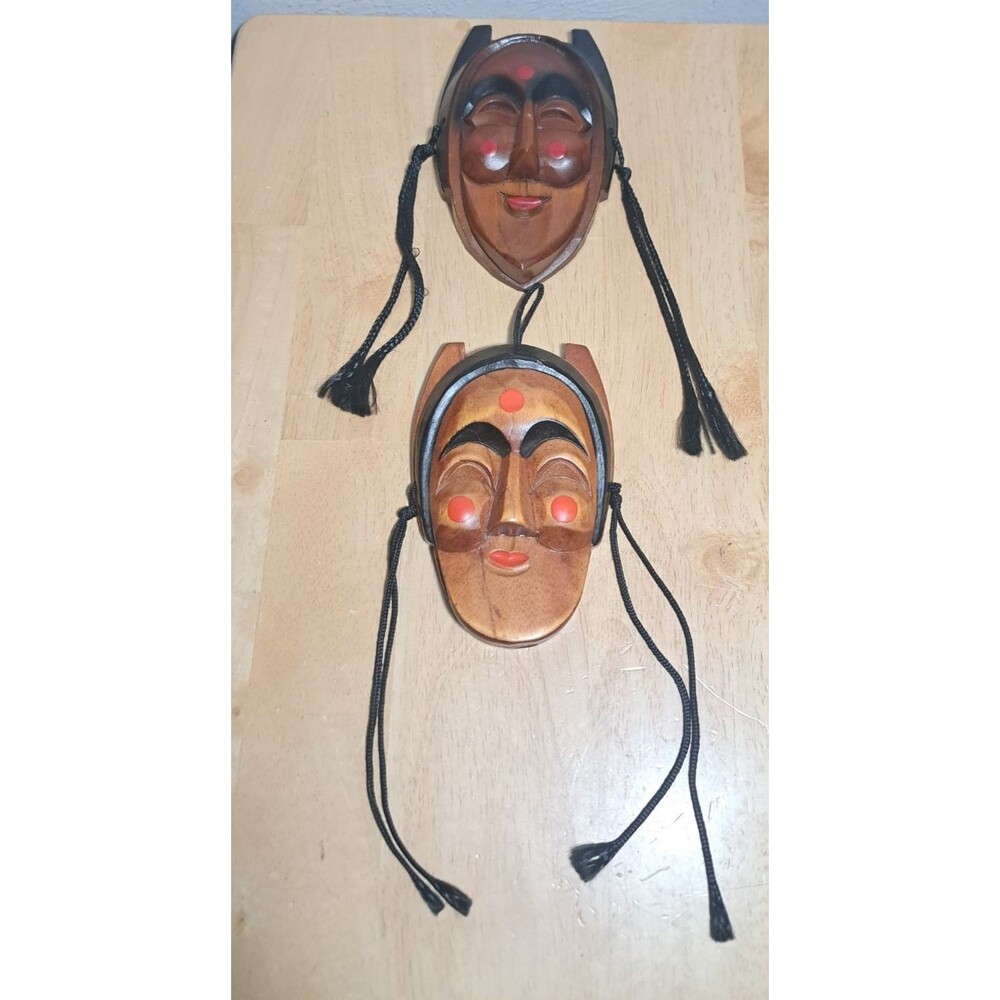 Vintage 2 Festival Korean Traditional Carved Wood Art Woman Hahoe Masks